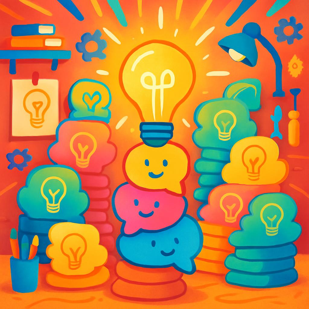 A colorful cartoon illustration depicting a smiling lightbulb character surrounded by other lightbulbs and doodles.