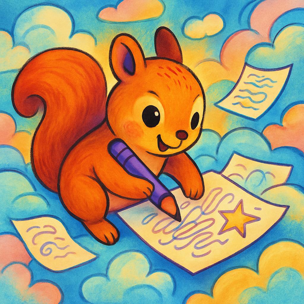 A cheerful red squirrel with large eyes sits on a piece of paper adorned with artwork, while crayons and other papers are ...